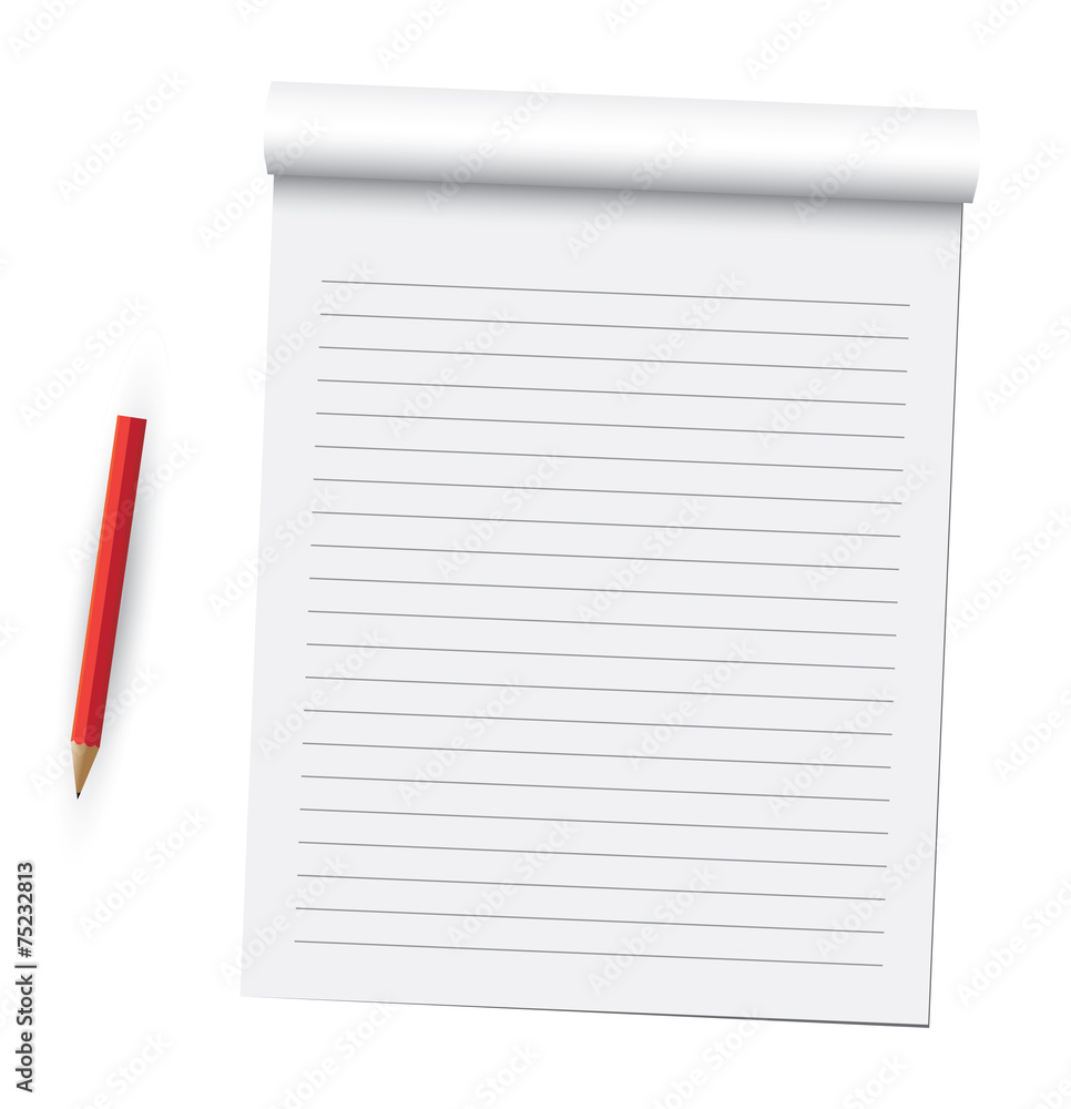 Notebook pages and pen. Notebook pages and pen.