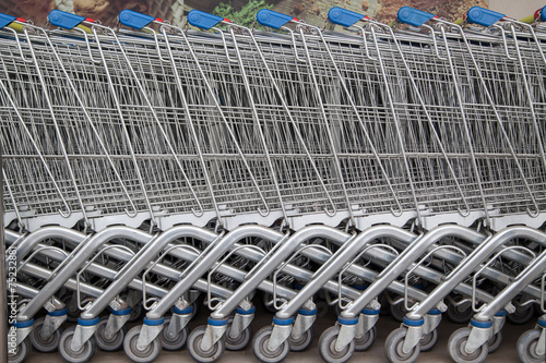 empty shopping carts in the big supermarket