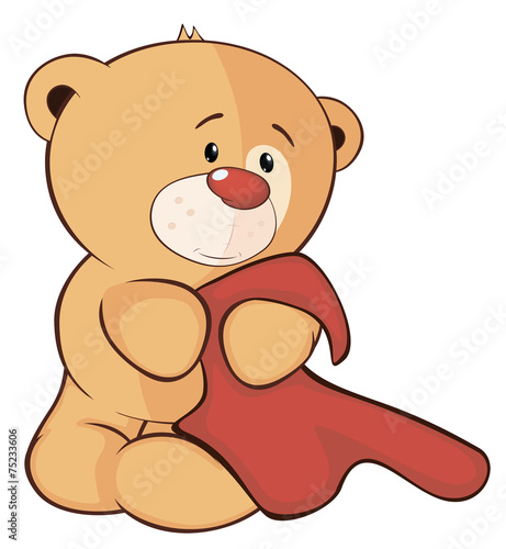 A stuffed toy bear cub and a towel cartoon