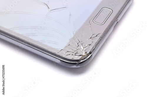 broken glass phone on white background