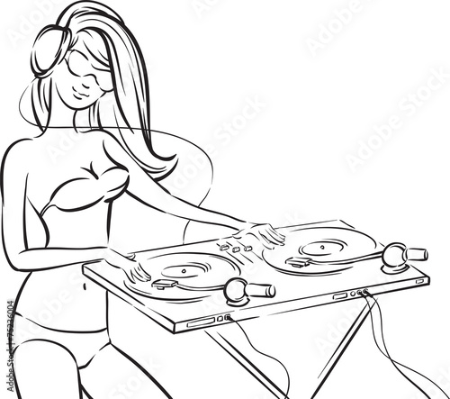 whiteboard drawing - disc jockey girl in bikini