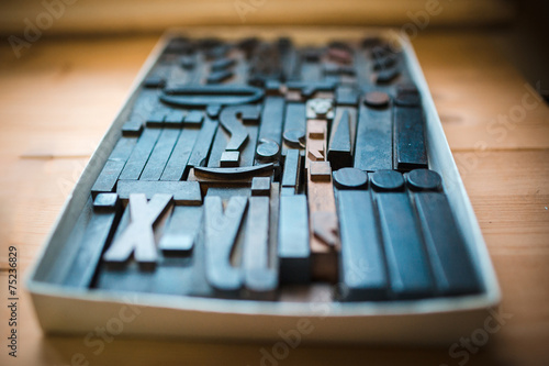 Old wooden printing type, font characters