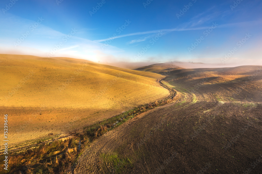 Beautiful mists in rolling fields in Tuscany, Italy Beautiful mists in rolling fields in Tuscany, Italy