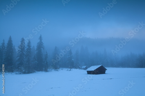 wooden huts in fog and snow