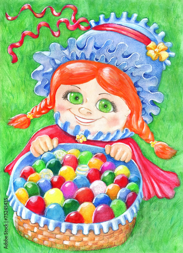 Easter card with girl and painted eggs