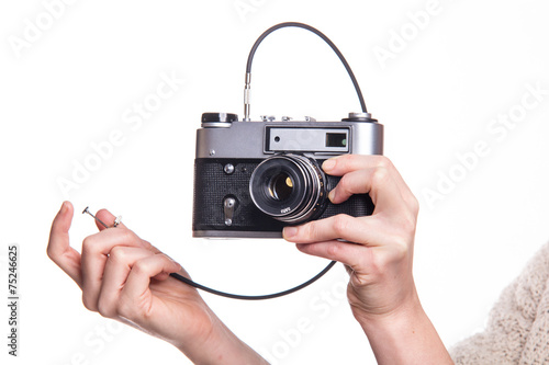 Analog camera with cable release and hand