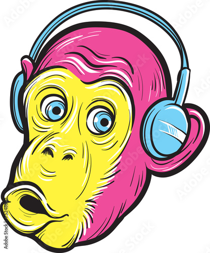 Photography surprised monkey with headphones