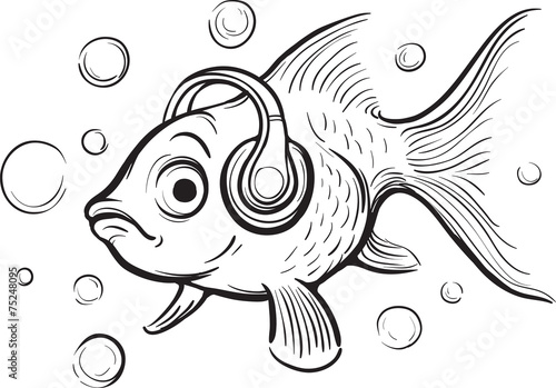 whiteboard drawing - goldfish music fan with headphones