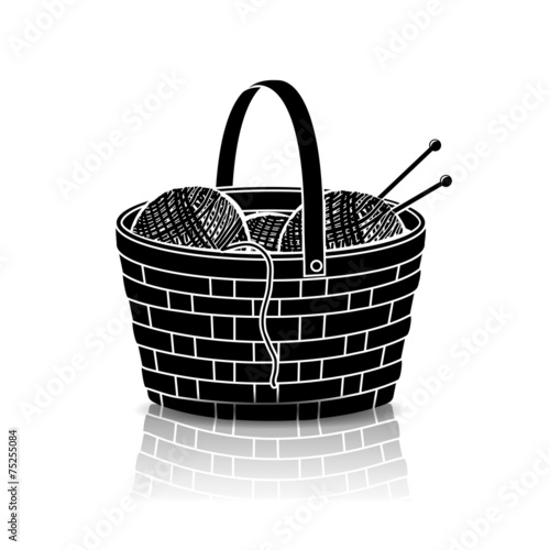 silhouette basket of rolls of yarn for knitting with reflection