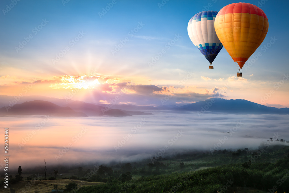 Naklejka premium Hot air balloon over sea of mist