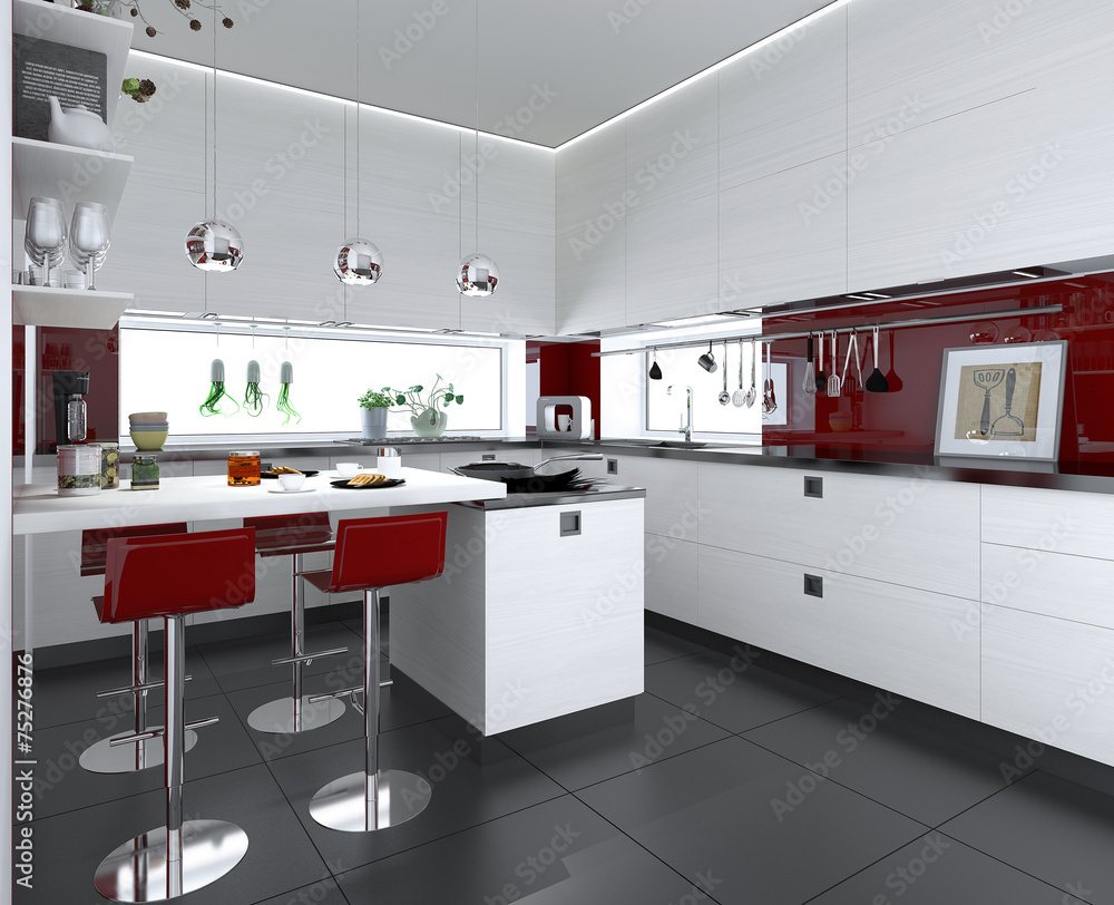 moderne Küche mit roten Akzenten Stock-Illustration | Adobe Stock