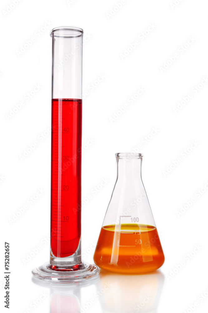 Test-tube and flask with colorful fluid isolated on white Test-tube and flask with colorful fluid isolated on white