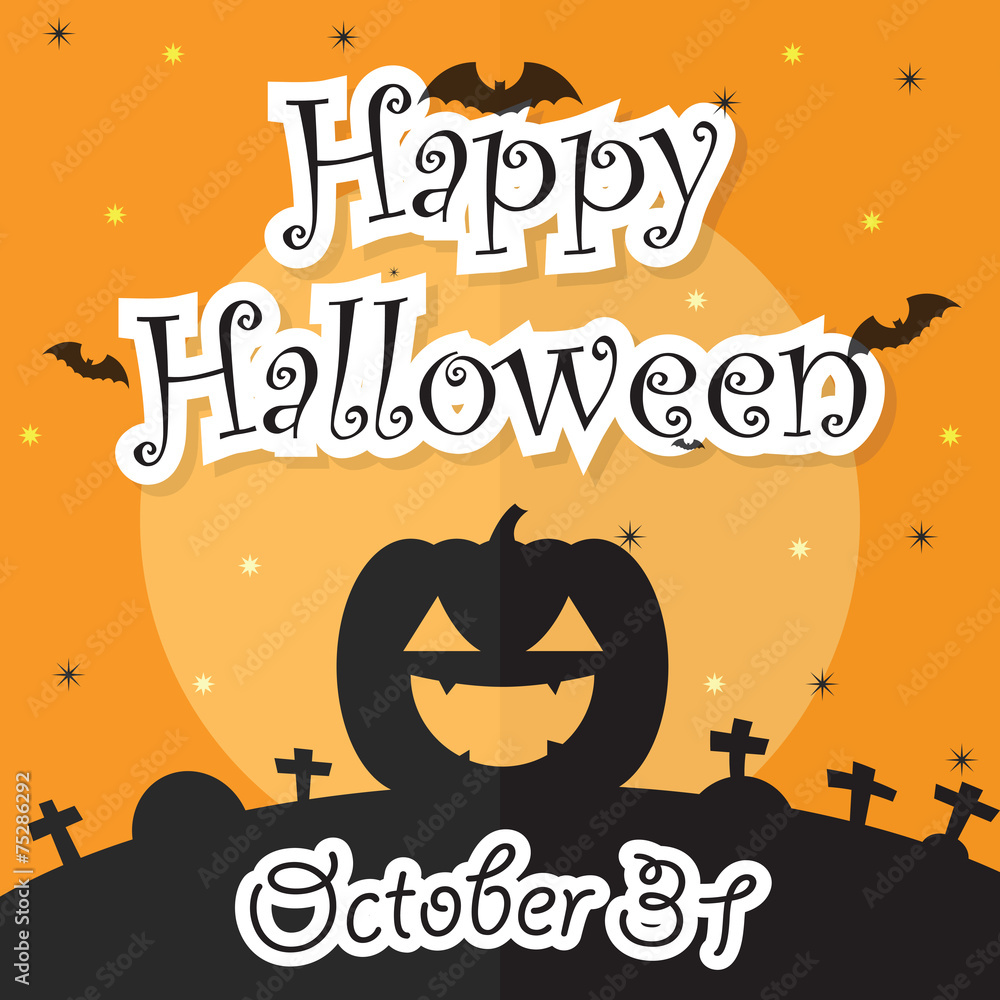 Happy Halloween Night Background with Moon, Bat, Pumpkin and Gra