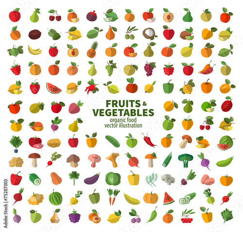 The collection of icons on fruits and vegetables. Fresh food