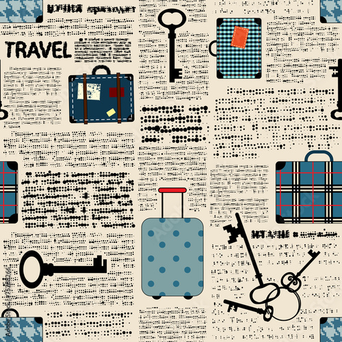 Imitation of newspaper with suitcases and word travel.