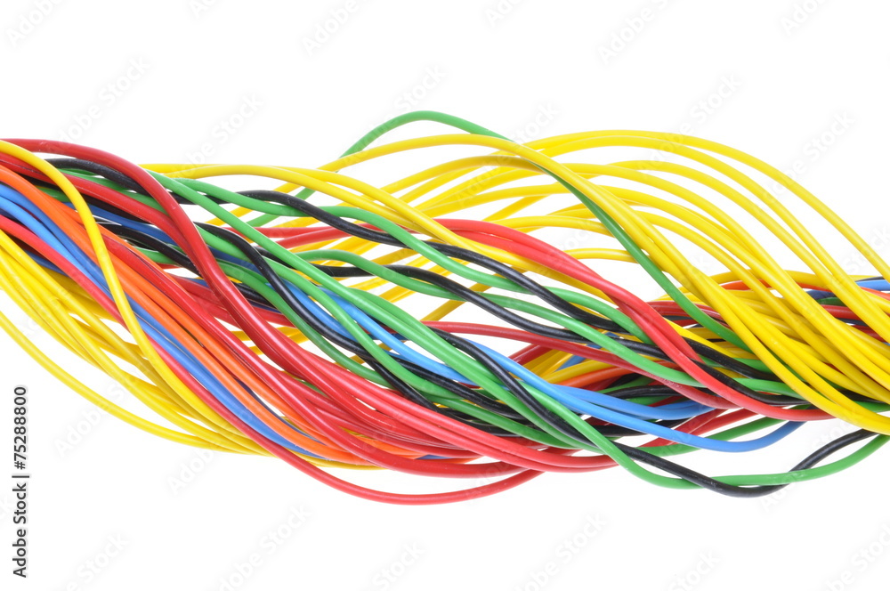 Multicolored electrical cable isolated on white background