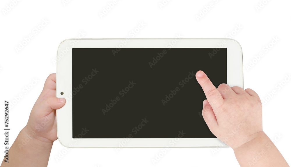 Baby hand pointing white tablet computer isolated on white backg Baby hand pointing white tablet computer isolated on white backg