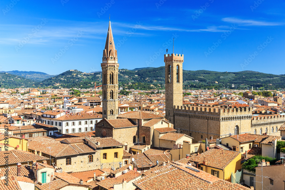 Palazzo Bargello and Badia Fiorentina Belltower. Florence, Italy