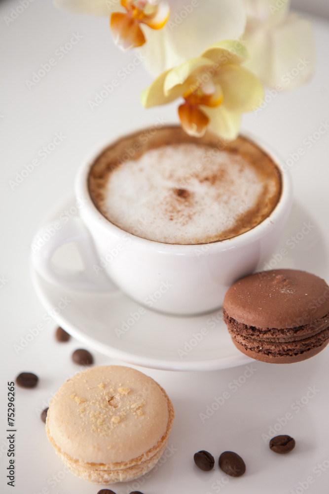 Cup of cappuccino with macaroon cookies Cup of cappuccino with macaroon cookies