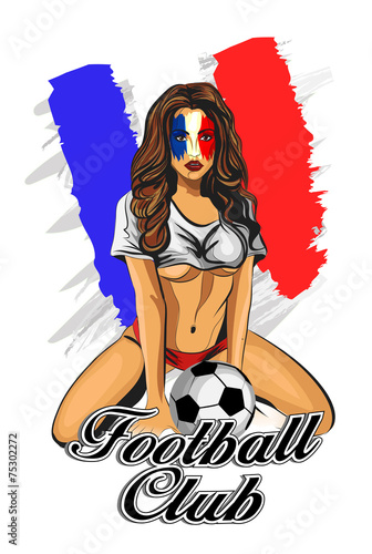 French soccer fan girl. Vector illustration.