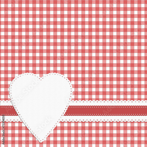 Gingham heart check background. Doily effect, red white.