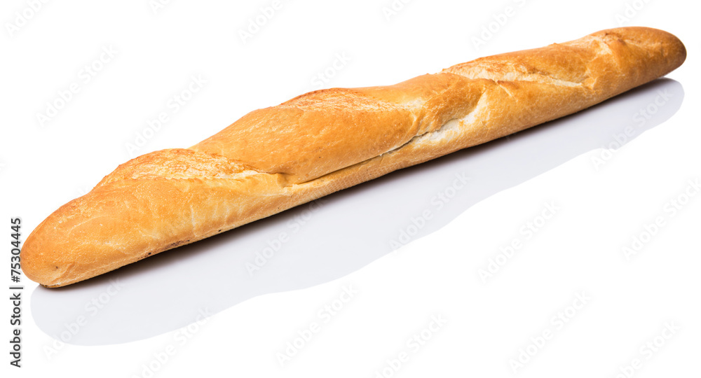 Fresh French baguette close up view over white background