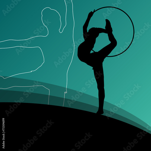 Active young girl gymnasts silhouettes in acrobatics spinning ri