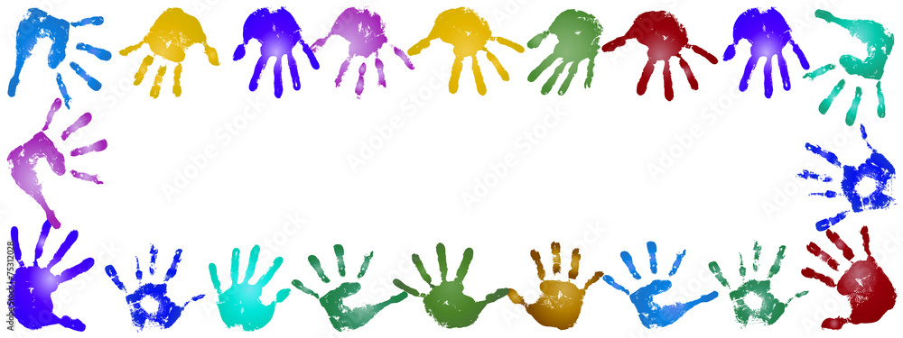 Conceptual children painted hand print frame isolated Conceptual children painted hand print frame isolated