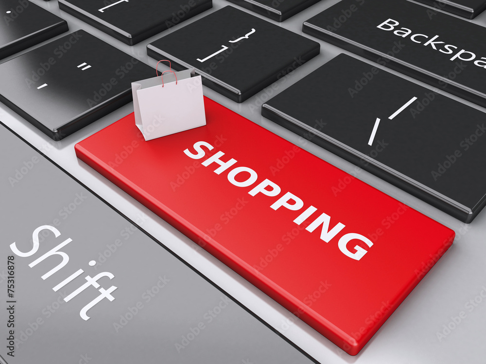 Fototapeta premium 3d Shopping bag on computer keyboard. Online shopping concept.