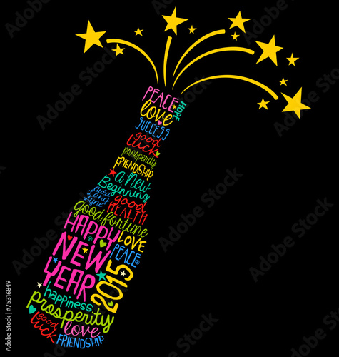 Happy New Year champagne bottle word cloud