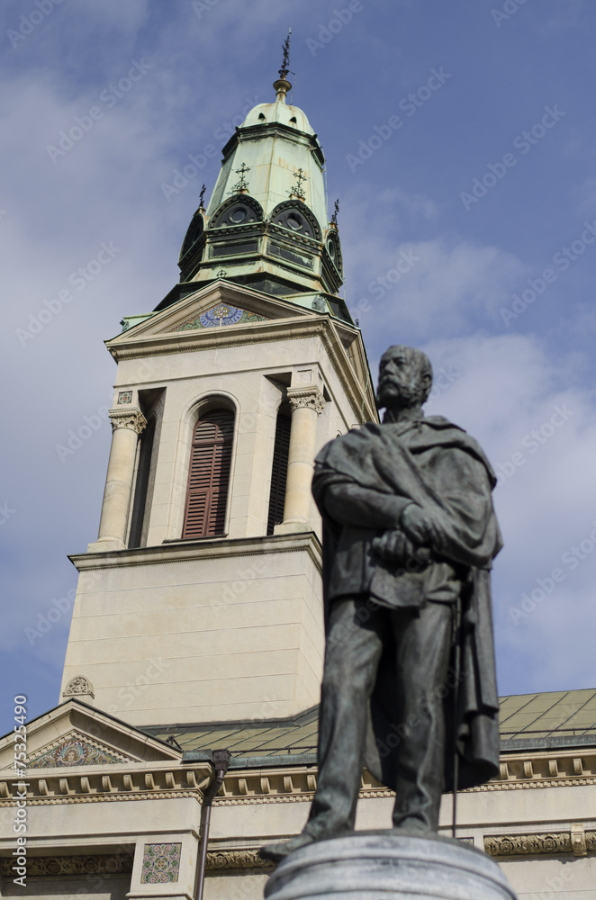 ortodox church tower and poet statue in zagreb