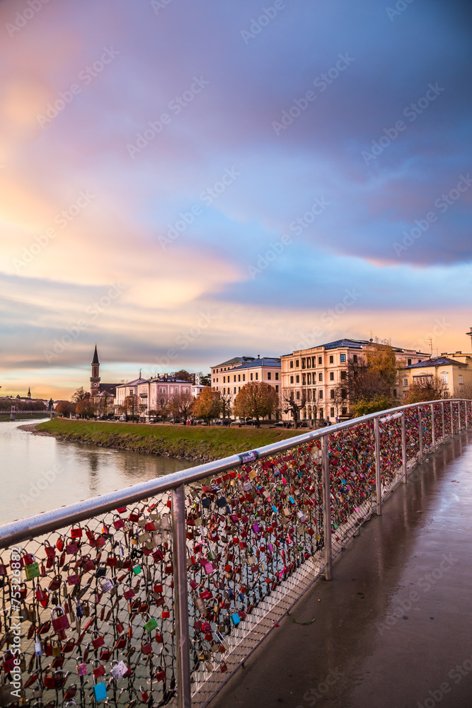 Padlocks of love on a bridge of Salzburg