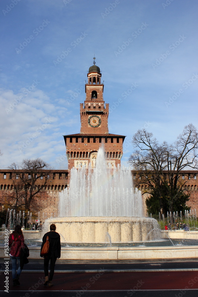 Piazza Castello mit Sprinbrunnen und Schloss in Mailand