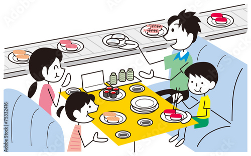回転寿しで食べるファミリー