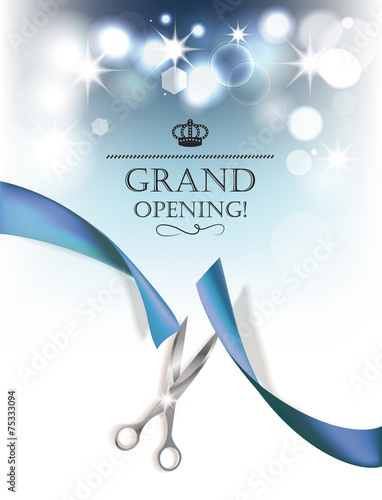 Grand opening background with blue ribbon and silver scissors