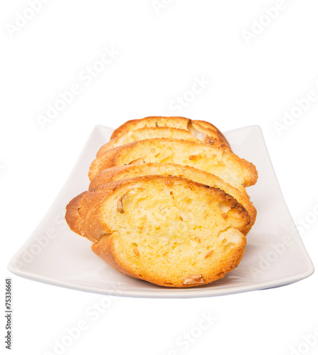 Homemade garlic bread of French baguette slices