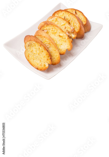 Homemade garlic bread of French baguette slices 