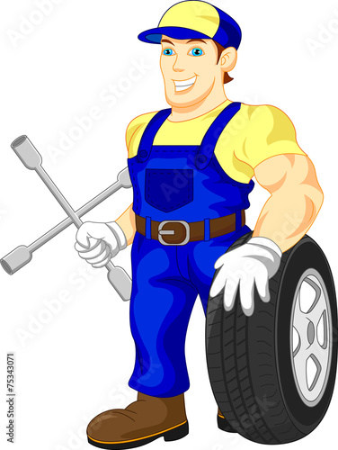 mechanic holding a wheel