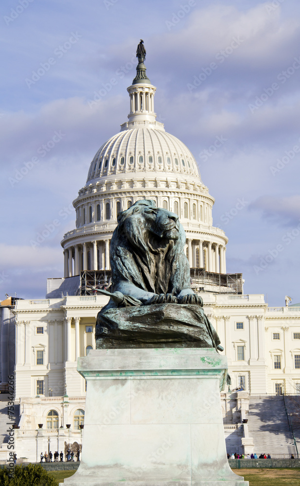 The lion sculpture with US Capitol background Washington DC