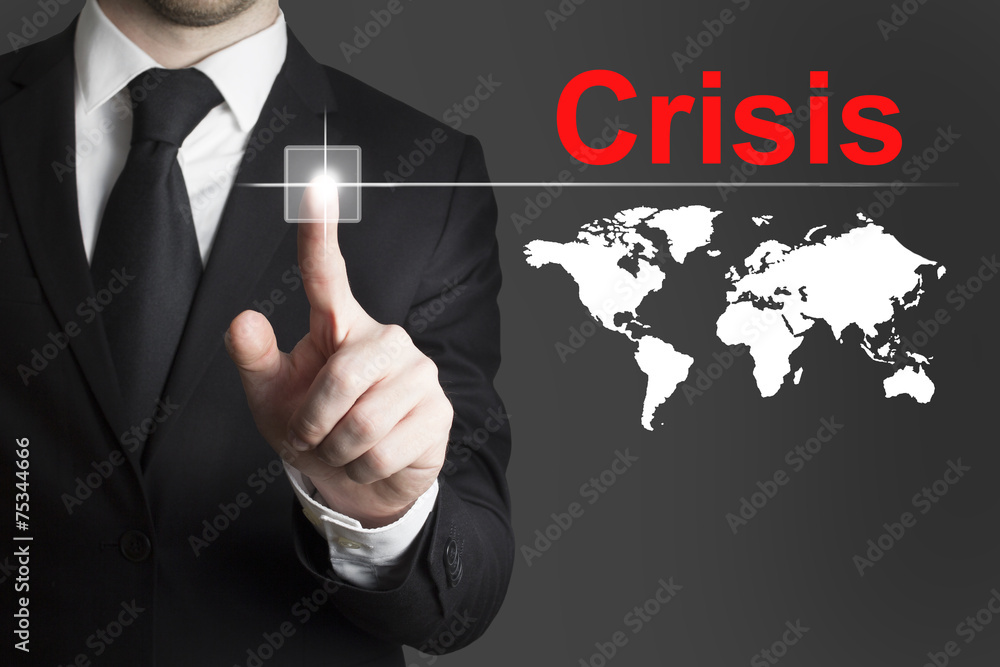 businessman pushing button crisis global businessman pushing button crisis global