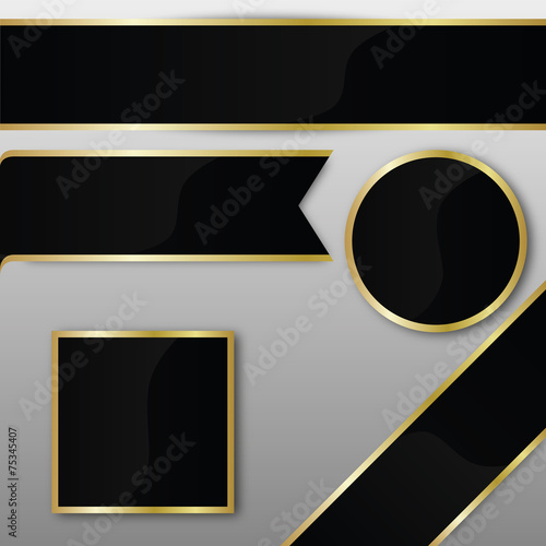 Set of elegant black and gold vector ribbons and badges in various shapes. Ideal for luxury branding, labels, tags, and premium web or print design.
