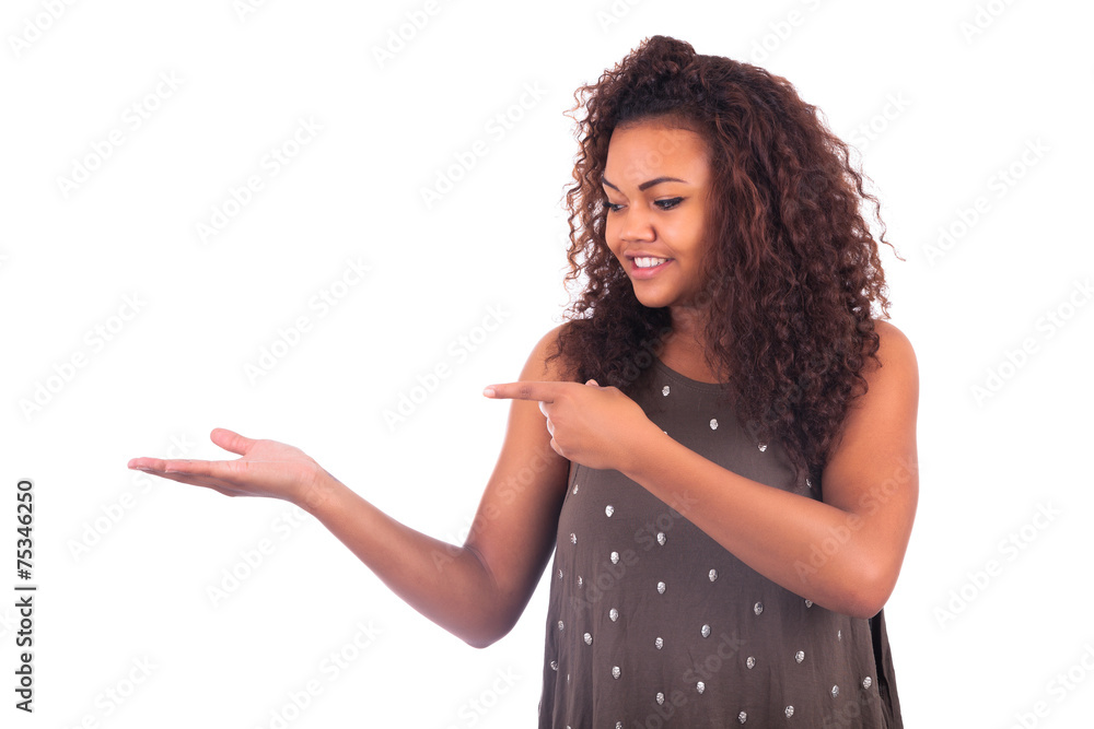 Happy Young Woman Isolated Presenting On White Background Happy Young Woman Isolated Presenting On White Background