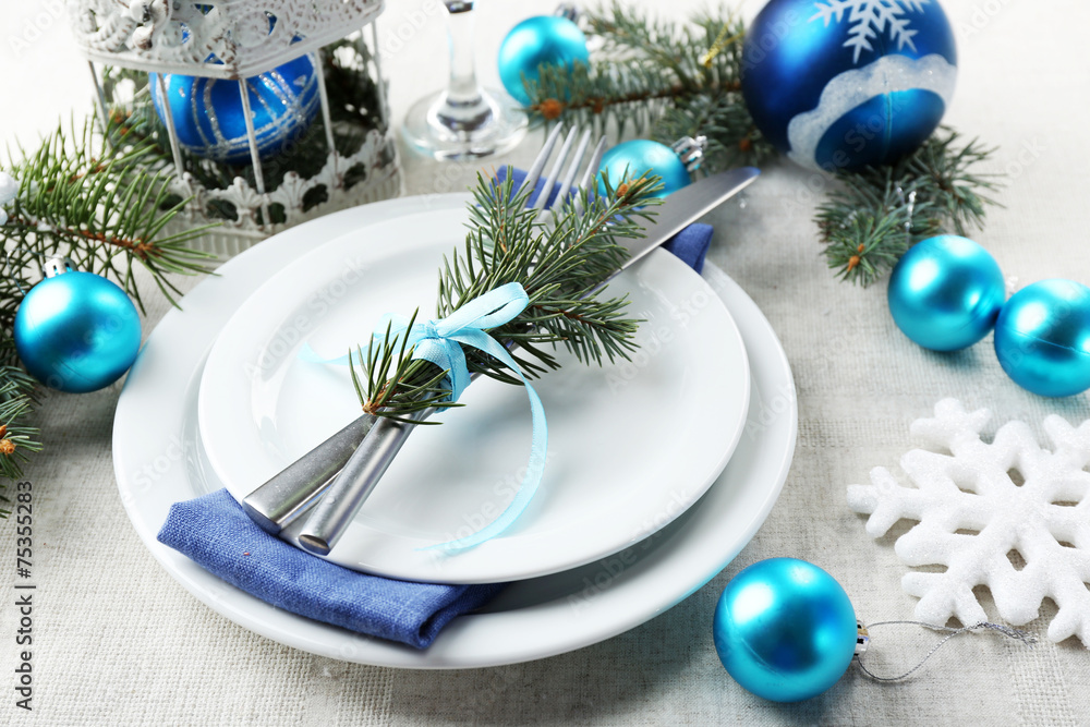 Stylish blue and white Christmas table setting Stylish blue and white Christmas table setting