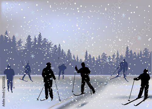 skiers under snowfall in forest