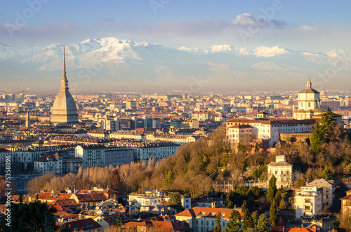  "Turin (Torino)", panorama with Mole Antonelliana and Alps