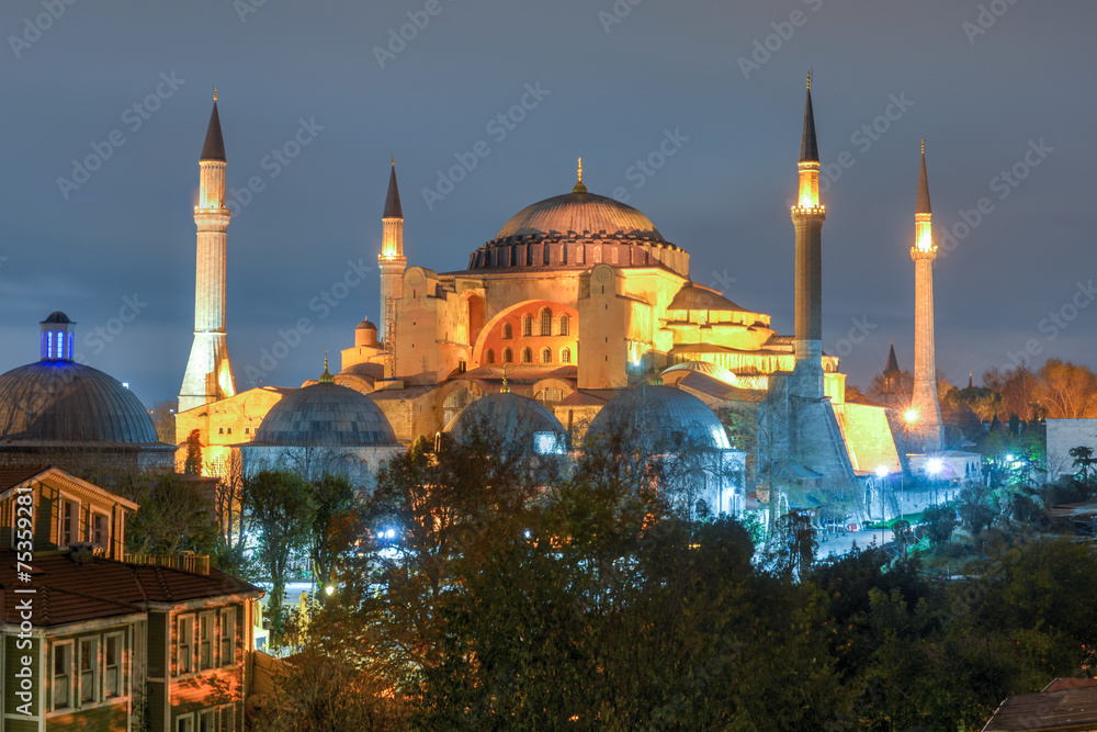 Hagia Sofia at night in Istanbul, Turkey