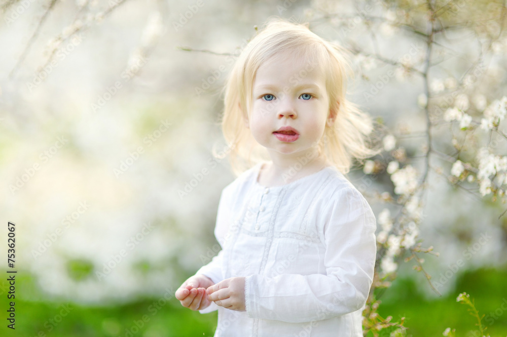 Adorable toddler girl in blooming cherry garden Adorable toddler girl in blooming cherry garden