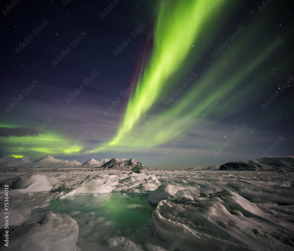 Beautiful Northern Lights over the Arctic frozen fjord