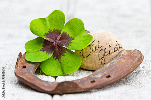 Glücksbringer und Stein auf Holz, Viel Glück