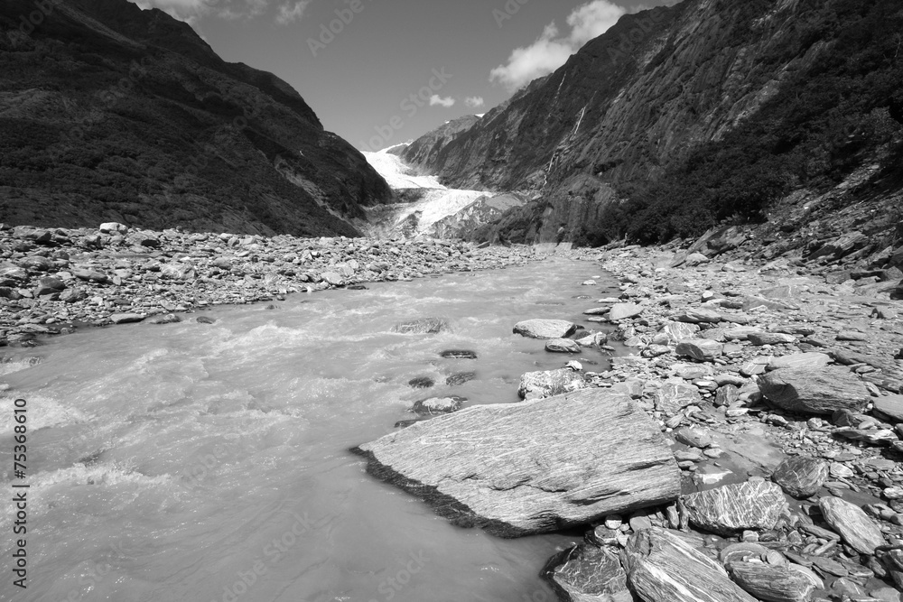 Glacial river in New Zealand. Black and white.